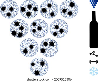 Ilustración vectorial de íconos poligonales de malla, con elementos infecciosos negros. El modelo de canal se basa en un icono plano de uvas, con nodos infecciosos y malla triangular.