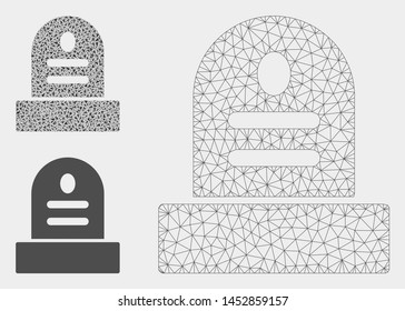Mesh grave stone model with triangle mosaic icon. Wire frame polygonal mesh of grave stone. Vector mosaic of triangle elements in variable sizes, and color shades. Abstract 2d mesh grave stone,