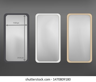 Mesh, gray colored phone backgrounds kit. Usefull backdrop. Cool separated groups, easy to edit EPS. Elementary screen design set, isolated background. 2436x1125 ratio.