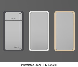 Mesh, gray colored phone backgrounds kit. Recent separated groups, easy to edit EPS. Plain screen design set, isolated background. Liquid backdrop. 2436x1125 ratio.