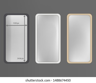 Mesh, gray colored phone backgrounds kit. Plain backdrop. Pristine separated groups, easy to edit EPS. Common screen design set, isolated background. 2436x1125 ratio.