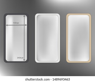 Mesh, gray colored phone backgrounds kit. Liquid screen design set, isolated background. Plain backdrop. Pristine separated groups, easy to edit EPS. 2436x1125 ratio.