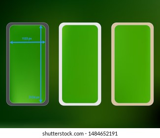 Mesh, green colored phone backgrounds kit. Fresh separated groups, easy to edit EPS. Common screen design set, isolated background. Creative backdrop. 2436x1125 ratio.