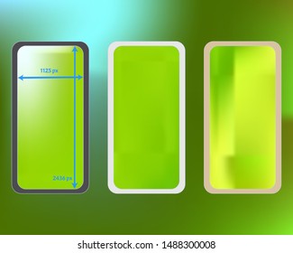 Mesh, green colored phone backgrounds kit. Professional backdrop. Ordinary screen design set, isolated background. Pristine separated groups, easy to edit EPS. 2436x1125 ratio.