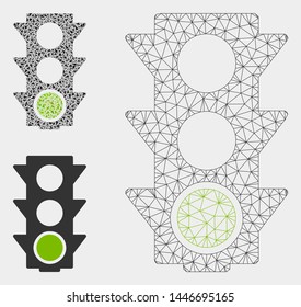 Mesh green traffic lights model with triangle mosaic icon. Wire frame triangular mesh of green traffic lights. Vector collage of triangle elements in variable sizes, and color tinges.