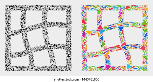 Mesh grid collage icon of triangle elements which have various sizes and shapes and colors. Geometric abstract vector design concept of mesh grid.