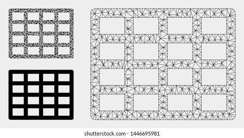 Mesh grid model with triangle mosaic icon. Wire frame triangular mesh of grid. Vector collage of triangle elements in different sizes, and color tones. Abstract flat mesh grid,