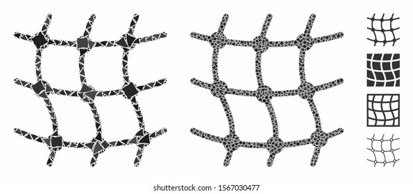 Mesh grid mosaic of rugged pieces in various sizes and shades, based on mesh grid icon. Vector trembly pieces are organized into mosaic. Mesh grid icons collage with dotted pattern.