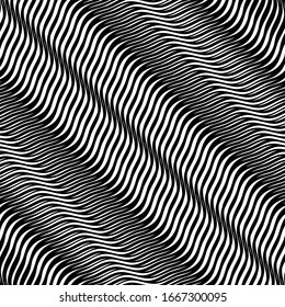 Mesh, grid of waving, wavy, curvy (zig-zag, criss-cross) lines. Irregular parallel stripe with winding, squiggle, wiggle distortion / deformation effect.  Sinuous, billowy lines background, texture