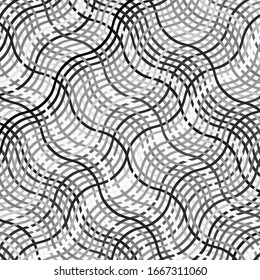 Mesh, Gitter von gewellten, gewellten, kurven (zig-zag, knusprigen) Linien. Unregelmäßiger Parallelstreifen mit Wicklung, Squiggle, Wackelverzerrung / Verformungseffekt.  Glänzende, zweifarbige Linien, Hintergrund, Textur