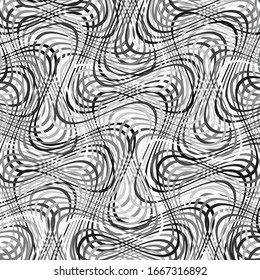 Mesh, grid of waving, wavy, curvy (zig-zag, criss-cross) lines. Irregular parallel stripe with winding, squiggle, wiggle distortion / deformation effect.  Sinuous, billowy lines background, texture