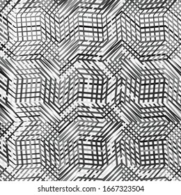 Mesh, grid of waving, wavy, curvy (zig-zag, criss-cross) lines. Irregular parallel stripe with winding, squiggle, wiggle distortion / deformation effect.  Sinuous, billowy lines background, texture