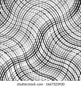 Mesh, Gitter von gewellten, gewellten, kurven (zig-zag, knusprigen) Linien. Unregelmäßiger Parallelstreifen mit Wicklung, Squiggle, Wackelverzerrung / Verformungseffekt.  Glänzende, zweifarbige Linien, Hintergrund, Textur