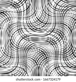 Mesh, grid of waving, wavy, curvy (zig-zag, criss-cross) lines. Irregular parallel stripe with winding, squiggle, wiggle distortion / deformation effect.  Sinuous, billowy lines background, texture
