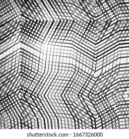 Mesh, grid of waving, wavy, curvy (zig-zag, criss-cross) lines. Irregular parallel stripe with winding, squiggle, wiggle distortion / deformation effect.  Sinuous, billowy lines background, texture