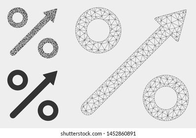 Mesh growing percent model with triangle mosaic icon. Wire carcass triangular network of growing percent. Vector mosaic of triangle elements in various sizes, and color tints.