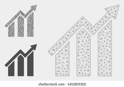 Mesh growth chart model with triangle mosaic icon. Wire carcass triangular mesh of growth chart. Vector mosaic of triangle elements in variable sizes, and color hues. Abstract flat mesh growth chart,