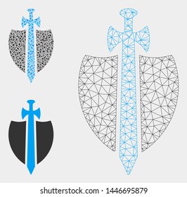 Mesh guard model with triangle mosaic icon. Wire carcass triangular mesh of guard. Vector mosaic of triangle parts in different sizes, and color shades. Abstract 2d mesh guard,