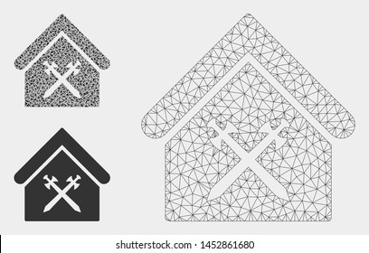 Mesh guard office model with triangle mosaic icon. Wire carcass triangular mesh of guard office. Vector mosaic of triangle elements in various sizes, and color tinges. Abstract flat mesh guard office,
