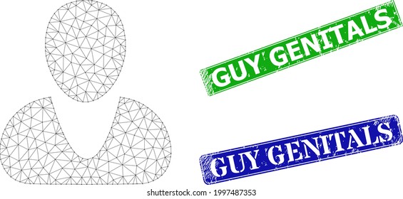 Mesh guy image, and Guy Genitals blue and green rectangle textured badges. Mesh carcass image designed with guy pictogram. Seals have Guy Genitals caption inside rectangle shape.