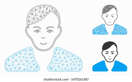 Mesh guy model with triangle mosaic icon. Wire carcass polygonal mesh of guy. Vector mosaic of triangle elements in various sizes, and color tinges. Abstract 2d mesh guy, built from triangles.