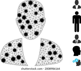Mesh guy person polygonal icon vector illustration, with black coronavirus elements. Carcass model is based on guy person flat icon, with covid items and triangular net.