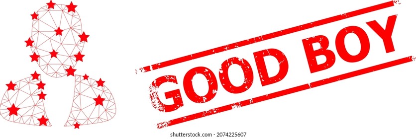 Mesh guy person polygonal icon vector illustration, and red GOOD BOY grunge stamp seal. Carcass model is created from guy person flat icon, with stars and triangular mesh.