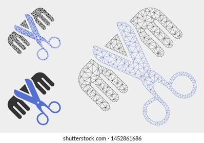 Mesh hairdressing tools model with triangle mosaic icon. Wire frame polygonal mesh of hairdressing tools. Vector collage of triangle elements in variable sizes, and color shades.