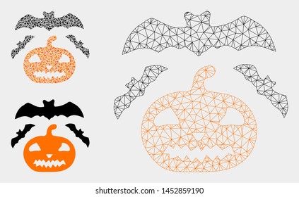 Mesh halloween model with triangle mosaic icon. Wire carcass triangular mesh of halloween. Vector collage of triangle parts in various sizes, and color shades. Abstract 2d mesh halloween,