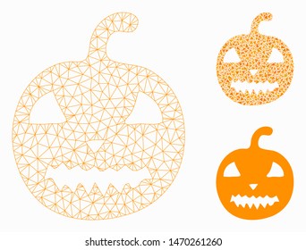 Mesh halloween pumpkin model with triangle mosaic icon. Wire carcass polygonal mesh of halloween pumpkin. Vector collage of triangle parts in variable sizes, and color tones.