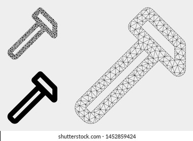 Mesh hammer model with triangle mosaic icon. Wire frame triangular mesh of hammer. Vector mosaic of triangle elements in variable sizes, and color shades. Abstract flat mesh hammer,
