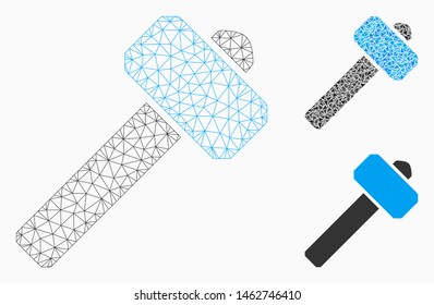 Mesh hammer model with triangle mosaic icon. Wire frame polygonal mesh of hammer. Vector mosaic of triangle elements in different sizes, and color hues. Abstract flat mesh hammer,