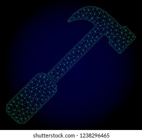 Mesh hammer polygonal illustration. Abstract mesh lines, triangles and points on dark background with hammer. Wire frame 2D polygonal line network in vector format on a dark blue background.
