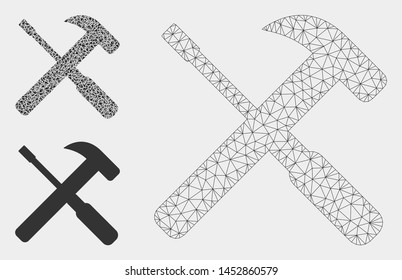 Mesh hammer and screwdriver tools model with triangle mosaic icon. Wire frame triangular mesh of hammer and screwdriver tools. Vector mosaic of triangle elements in different sizes, and color tints.
