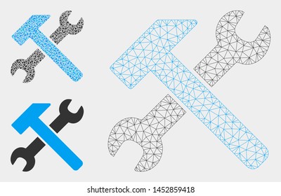 Mesh hammer and wrench model with triangle mosaic icon. Wire frame polygonal mesh of hammer and wrench. Vector mosaic of triangles in various sizes, and color tints.