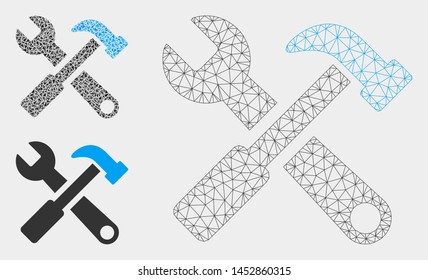 Mesh hammer and wrench model with triangle mosaic icon. Wire carcass triangular mesh of hammer and wrench. Vector mosaic of triangle elements in various sizes, and color tints.