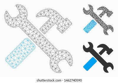 Mesh hammer and wrench model with triangle mosaic icon. Wire carcass triangular mesh of hammer and wrench. Vector mosaic of triangle parts in different sizes, and color tones.