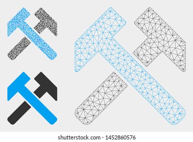 Mesh hammers model with triangle mosaic icon. Wire frame triangular mesh of hammers. Vector collage of triangles in different sizes, and color tones. Abstract 2d mesh hammers,