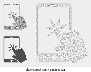 Mesh hand click smartphone model with triangle mosaic icon. Wire frame triangular mesh of hand click smartphone. Vector mosaic of triangle elements in different sizes, and color tinges.