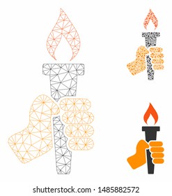 Mesh hand with fire torch model with triangle mosaic icon. Wire frame polygonal mesh of hand with fire torch. Vector mosaic of triangle elements in various sizes, and color tinges.