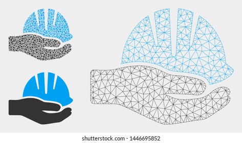 Mesh hand with helmet model with triangle mosaic icon. Wire frame triangular network of hand with helmet. Vector mosaic of triangle parts in different sizes, and color tints.