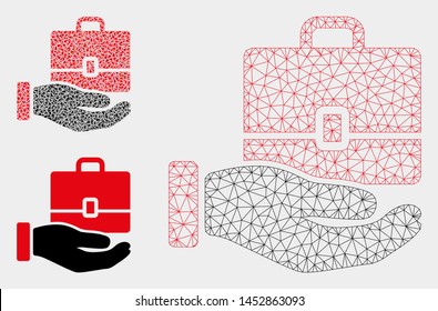 Mesh hand holding case model with triangle mosaic icon. Wire carcass polygonal mesh of hand holding case. Vector mosaic of triangle elements in variable sizes, and color tones.