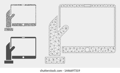Mesh hand holds PDA model with triangle mosaic icon. Wire frame triangular mesh of hand holds PDA. Vector mosaic of triangle parts in different sizes, and color tinges.