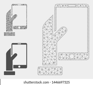 Mesh hand holds smartphone model with triangle mosaic icon. Wire carcass triangular mesh of hand holds smartphone. Vector mosaic of triangles in variable sizes, and color tinges.