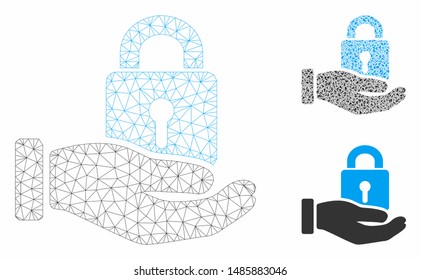 Mesh hand with lock model with triangle mosaic icon. Wire carcass polygonal mesh of hand with lock. Vector composition of triangle elements in variable sizes, and color shades.