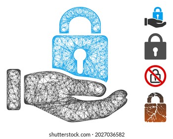 Mesh hand with lock web 2d vector illustration. Carcass model is based on hand with lock flat icon. Network forms abstract hand with lock flat carcass.
