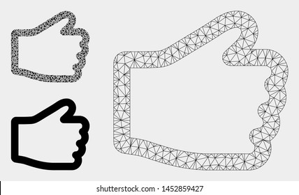 Mesh hand model with triangle mosaic icon. Wire frame triangular network of hand. Vector mosaic of triangle parts in different sizes, and color tints. Abstract flat mesh hand,