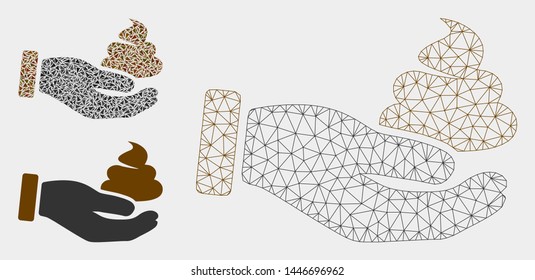 Mesh hand offer shit model with triangle mosaic icon. Wire carcass triangular mesh of hand offer shit. Vector mosaic of triangle elements in different sizes, and color tones.
