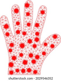 Mesh hand palm polygonal 2d vector illustration, with infection items. Carcass model is based on hand palm flat icon, with covid items and triangle net.