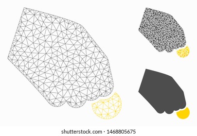 Mesh hand pay coin model with triangle mosaic icon. Wire carcass polygonal mesh of hand pay coin. Vector mosaic of triangle parts in variable sizes, and color shades. Abstract 2d mesh hand pay coin,